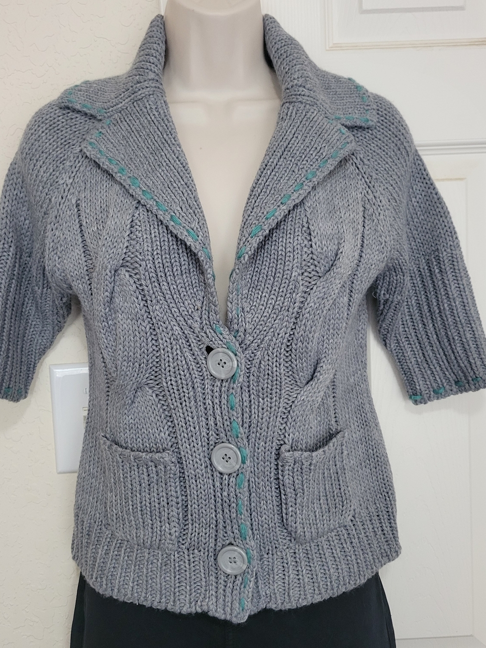 Pout Gray Cable Knit Short-Sleeve Cardigan with Teal Accent Stitching